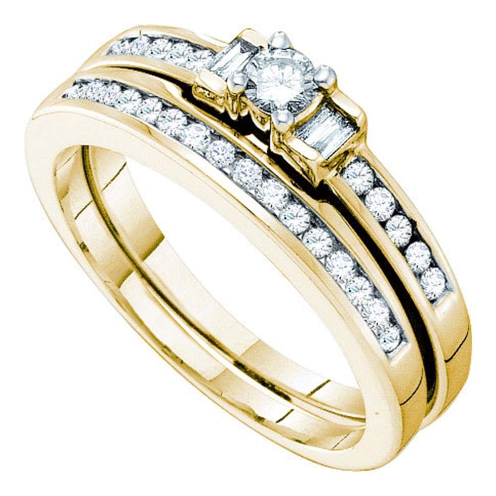 10kt Yellow Gold Round Diamond 3-Stone Bridal Wedding Ring Band Set 3/8 Cttw