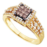 14kt Yellow Gold Womens Princess Cognac-brown Color Enhanced Diamond Square Cluster Ring 1/2 Cttw