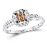 14kt White Gold Womens Princess Brown Diamond Square Cluster Ring 1/4 Cttw