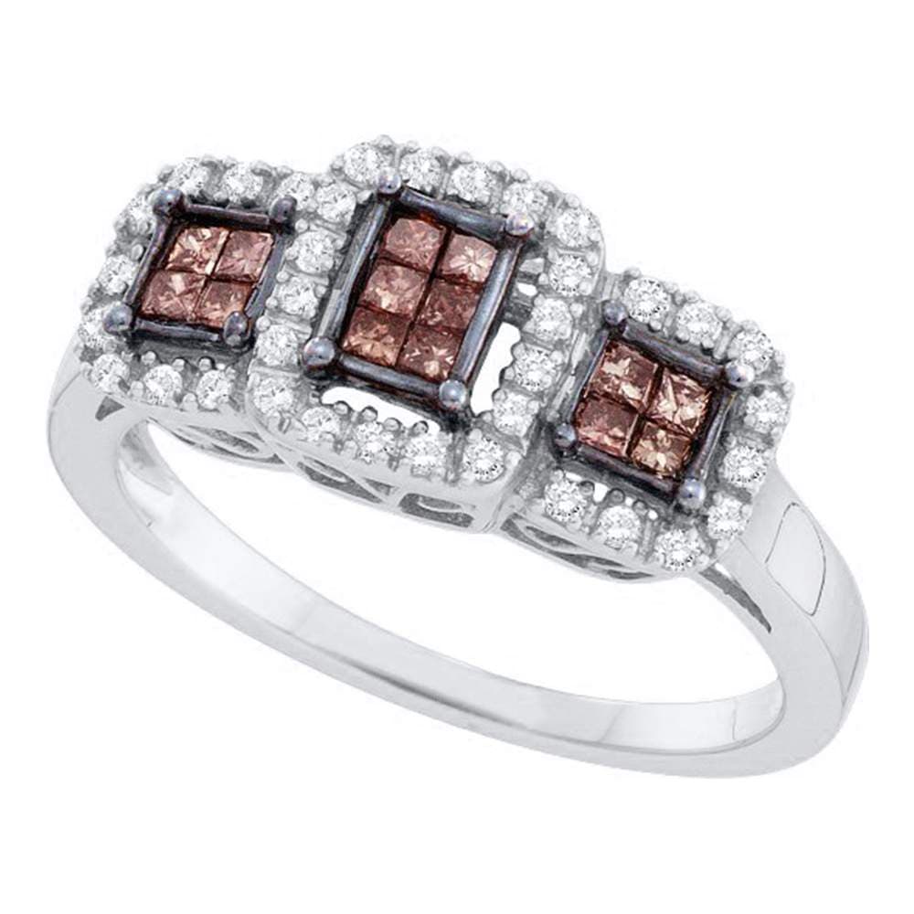 14kt White Gold Womens Princess Cognac-brown Color Enhanced Diamond Triple Cluster Ring 3/8 Cttw