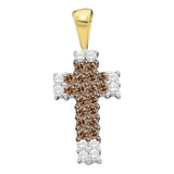 14kt Yellow Gold Womens Round Cognac-brown Color Enhanced Diamond Cross Religious Pendant 1/4 Cttw