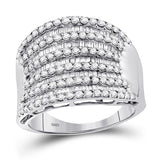 14kt White Gold Womens Round Baguette Diamond Striped Fashion Band Ring 1-5/8 Cttw