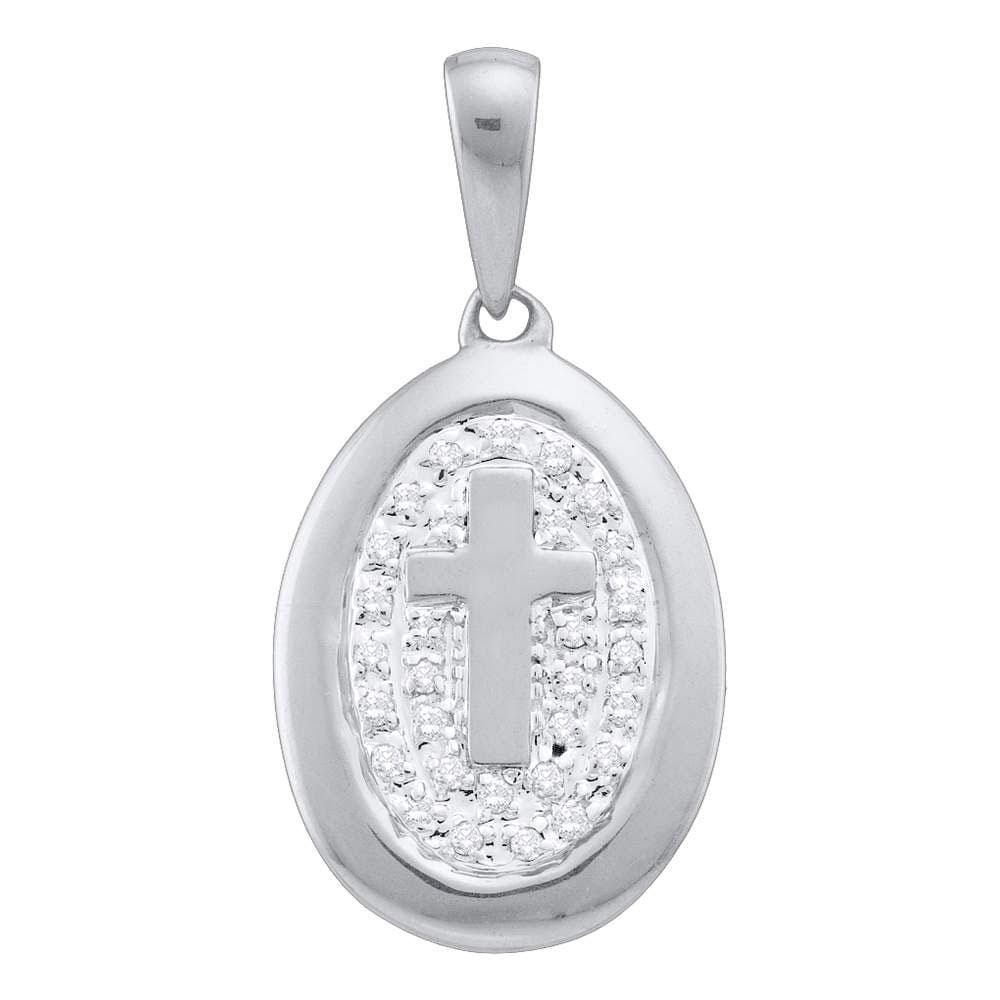10k White Gold Diamond-accented Womens Cross Dainty Small Oval Pendant 1/10 Cttw