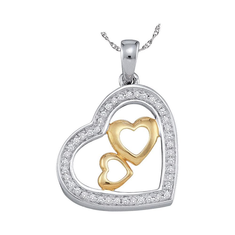 10kt Two-tone Gold Womens Round Diamond Triple Nested Heart Pendant 1/6 Cttw