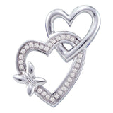 10kt White Gold Womens Round Diamond Double Linked Heart Butterfly Pendant 1/10 Cttw