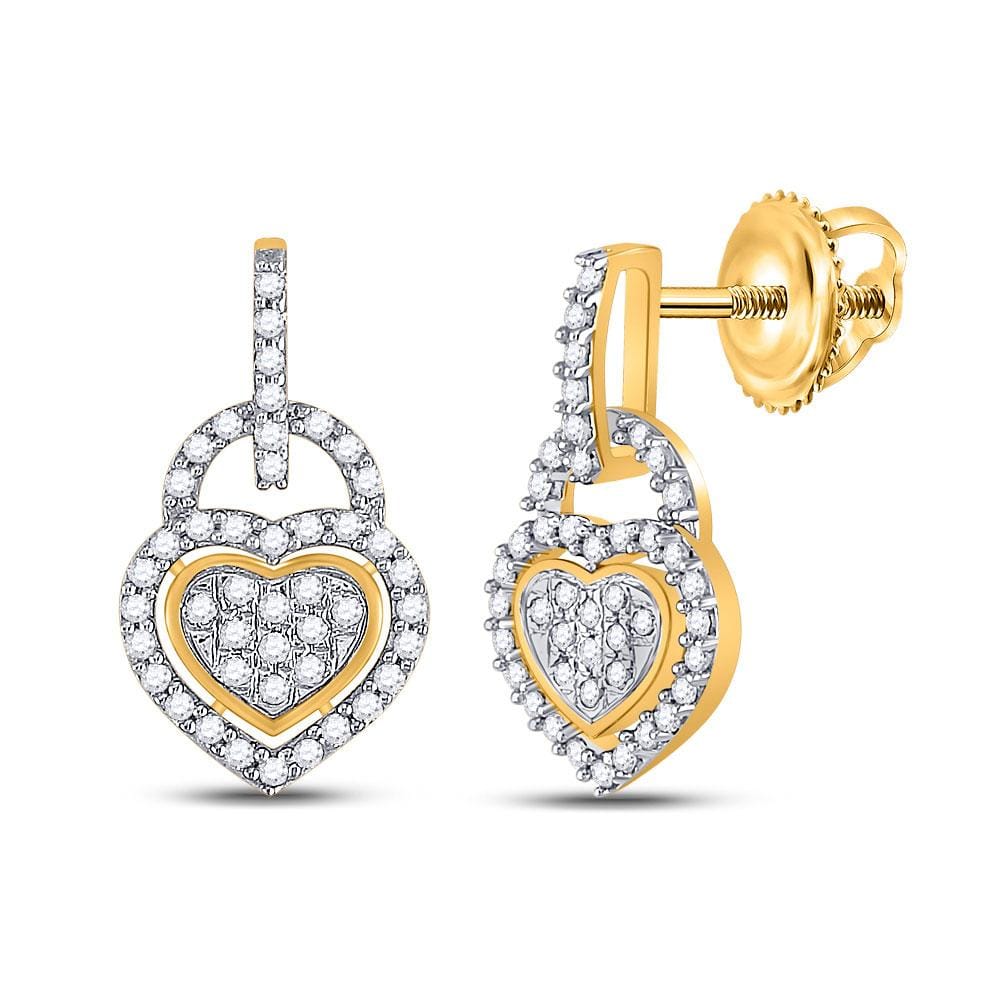 10kt Yellow Gold Womens Round Diamond Heart Dangle Earrings 1/3 Cttw