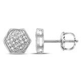 10kt White Gold Mens Round Diamond Hexagon Cluster Stud Earrings 1/10 Cttw