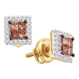 14kt Yellow Gold Womens Princess Cognac-brown Color Enhanced Diamond Square Frame Cluster Earrings 1/3 Cttw