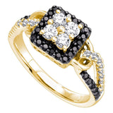 14kt Yellow Gold Womens Round Black Color Enhanced Diamond Square Frame Cluster Ring 3/4 Cttw