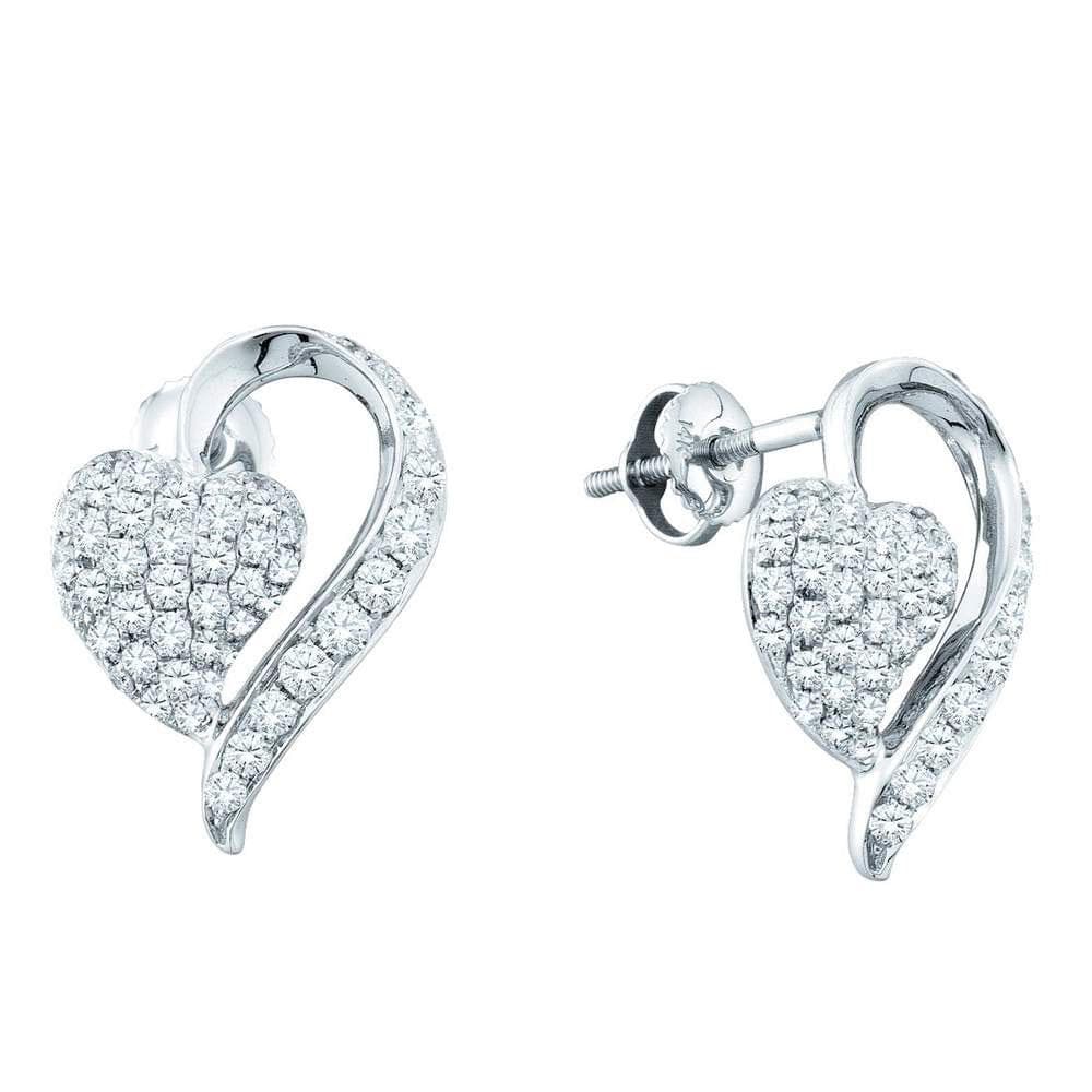 14kt White Gold Womens Round Pave-set Diamond Heart Cluster Earrings 1.00 Cttw