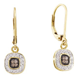 14kt Yellow Gold Womens Round Cognac-brown Color Enhanced Diamond Square Cluster Dangle Earrings 1/4 Cttw