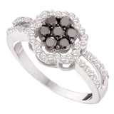 14kt White Gold Womens Round Black Color Enhanced Diamond Flower Cluster Ring /8 Cttw