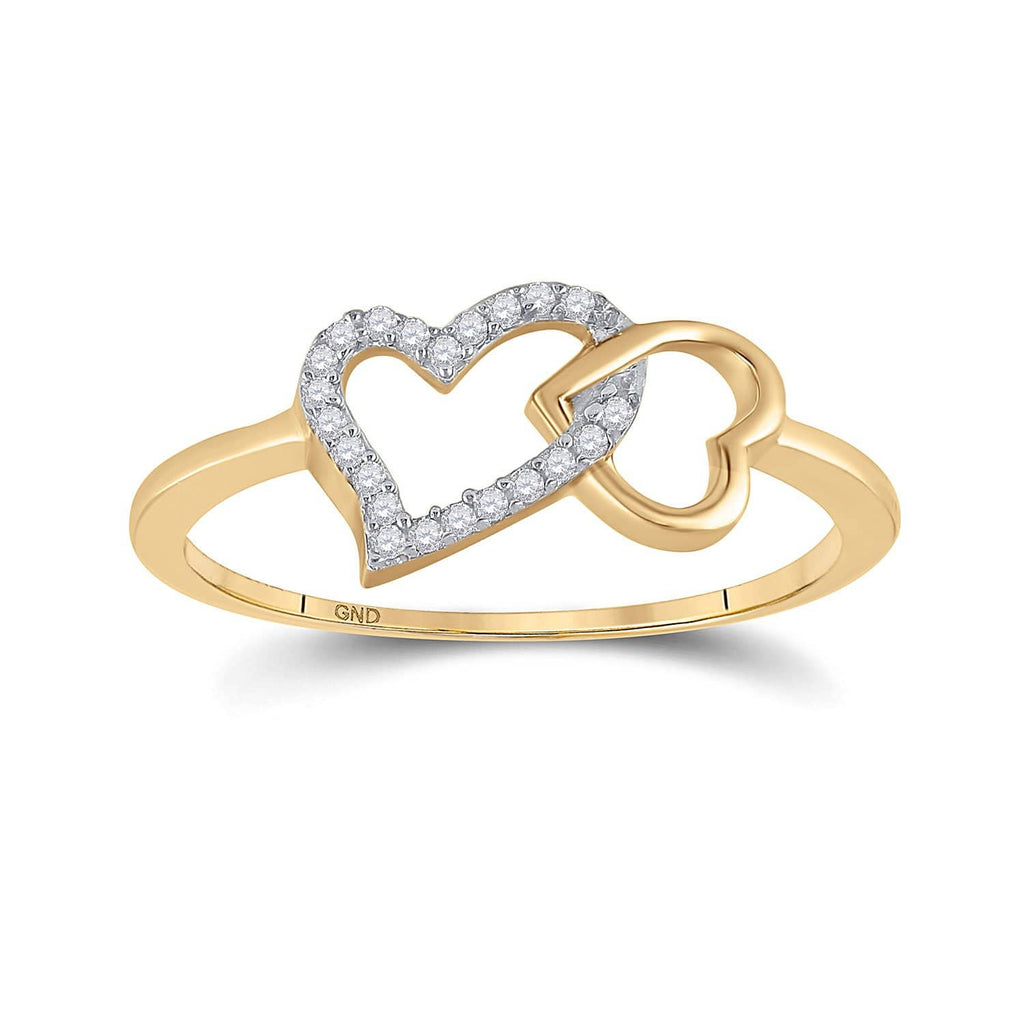 10kt Yellow Gold Womens Round Diamond Double Heart Ring 1/20 Cttw