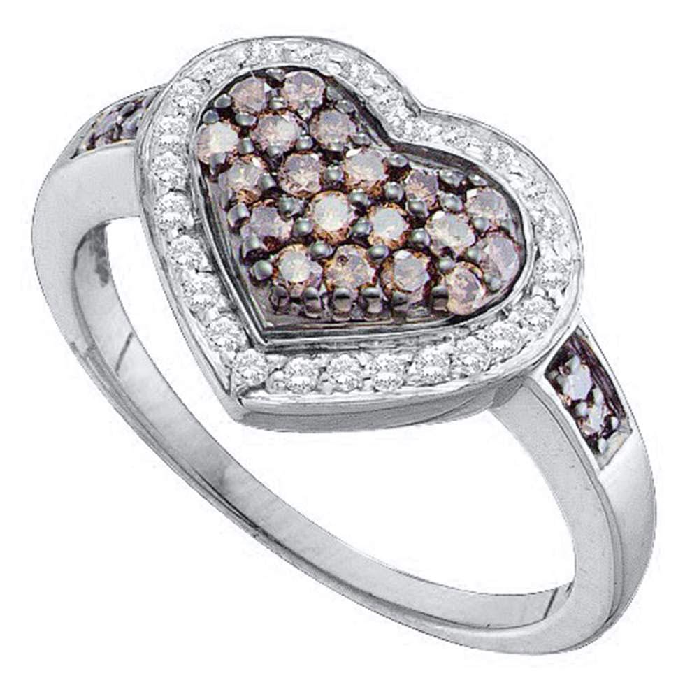 14kt White Gold Womens Round Brown Diamond Framed Heart Cluster Ring 1/2 Cttw