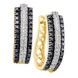 14kt Yellow Gold Womens Round Black Color Enhanced Diamond Triple Row Striped Hoop Earrings 1.00 Cttw