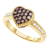 14kt Yellow Gold Womens Round Brown Diamond Heart Cluster Ring 1/2 Cttw