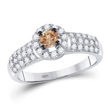 14kt White Gold Round Brown Diamond Solitaire Halo Bridal Wedding Engagement Ring 3/4 Cttw