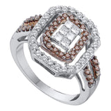 14kt White Gold Womens Round Cognac-brown Color Enhanced Diamond Rectangle Cluster Ring 3/4 Cttw