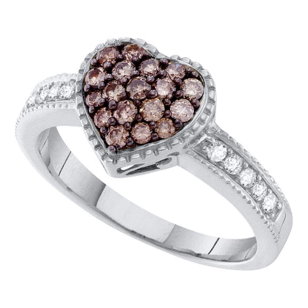 14kt White Gold Womens Round Brown Diamond Heart Cluster Ring 1/2 Cttw