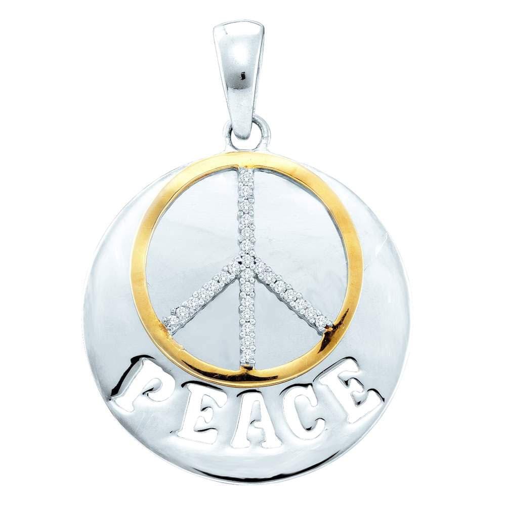 Sterling Silver Womens Round Diamond Peace Sign Two-tone Circle Pendant 1/10 Cttw