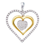 14kt White Gold Womens Round Diamond Double Frame Heart Cluster Pendant 1/2 Cttw