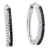 14kt White Gold Womens Round Black Color Enhanced Diamond Double Row Striped Hoop Earrings 1/2 Cttw