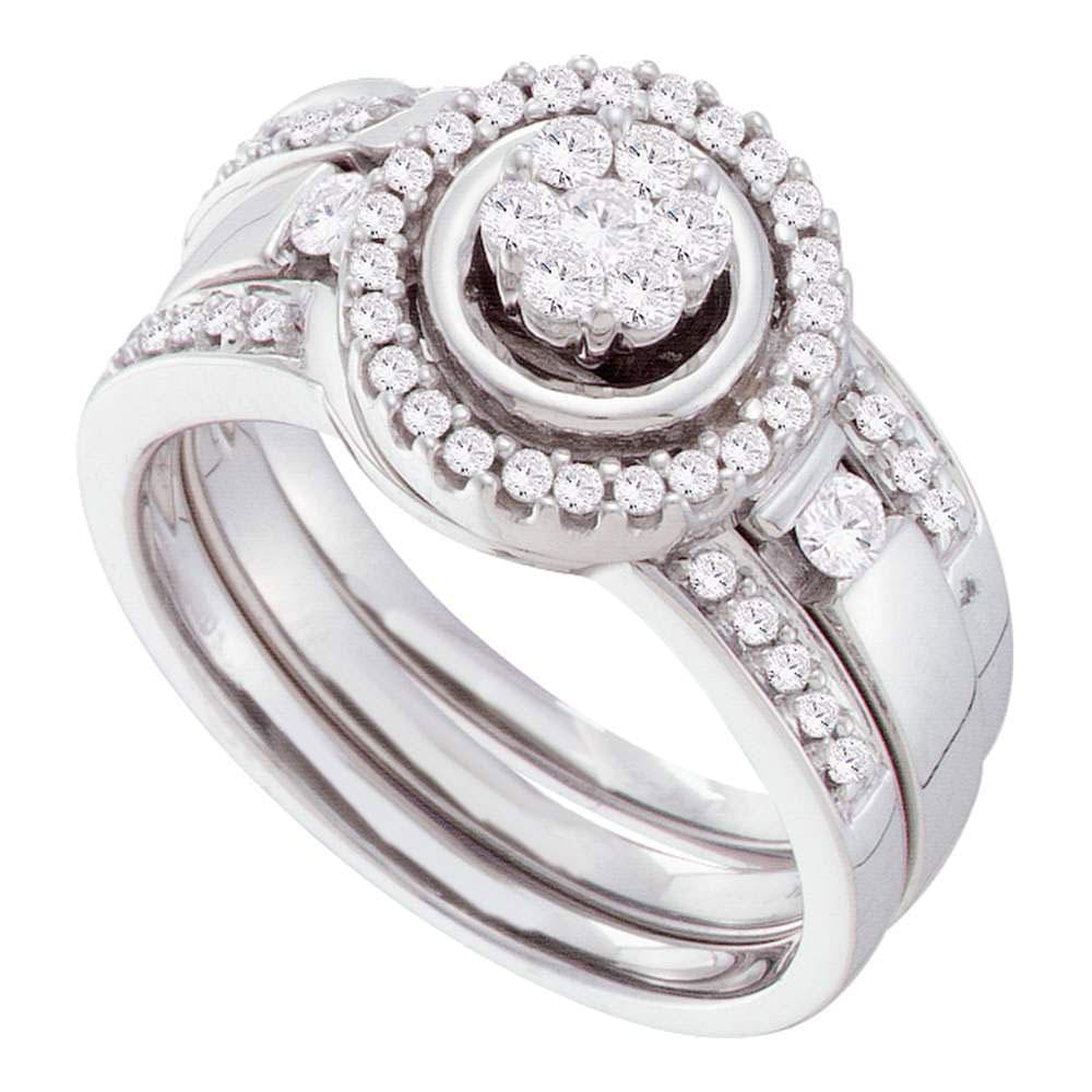 14kt White Gold Diamond Cluster 3-Piece Bridal Wedding Ring Band Set 1/2 Cttw