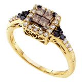 14kt Yellow Gold Womens Princess Brown Diamond Cluster Ring 1/2 Cttw