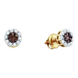14kt Yellow Gold Womens Round Brown Diamond Flower Cluster Earrings 1-1/2 Cttw
