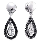 14kt White Gold Womens Round Black Color Enhanced Diamond Teardrop Dangle Earrings 1/3 Cttw