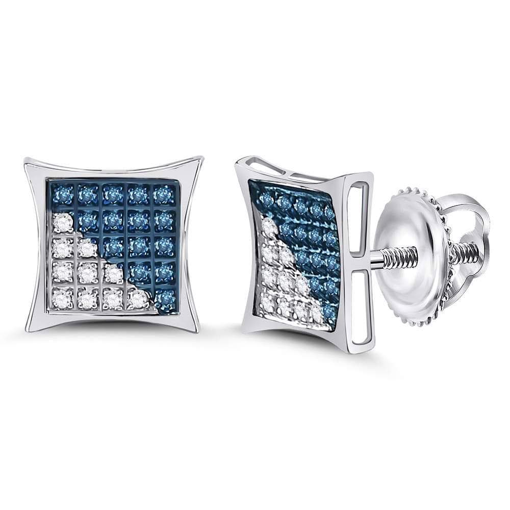 10kt White Gold Mens Round Blue Color Enhanced Diamond Square Cluster Stud Earrings 1/6 Cttw