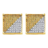 10kt Yellow Gold Mens Round Yellow Color Enhanced Diamond Square Cluster Earrings 1/3 Cttw