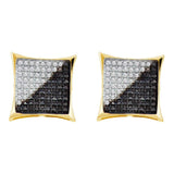 10kt Yellow Gold Mens Round Black Color Enhanced Diamond Square Cluster Earrings 1/10 Cttw