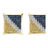 10kt Yellow Gold Mens Round Blue Color Enhanced Diamond Square Kite Earrings 1/20 Cttw