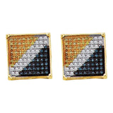 10kt Yellow Gold Mens Round Blue Yellow Color Enhanced Diamond Square Cluster Earrings 1/20 Cttw