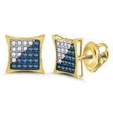 10kt Yellow Gold Mens Round Blue Color Enhanced Diamond Square Kite Cluster Earrings 1/6 Cttw