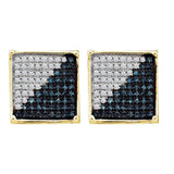 10kt Yellow Gold Mens Round Blue Color Enhanced Diamond Square Cluster Earrings 1/5 Cttw
