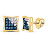 10kt Yellow Gold Mens Round Blue Color Enhanced Diamond Square Earrings 1/10 Cttw