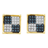 10kt Yellow Gold Womens Round Blue Color Enhanced Diamond Square Checkered Cluster Earrings 1/4 Cttw