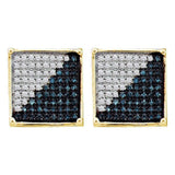 10kt Yellow Gold Womens Round Blue Color Enhanced Diamond Square Cluster Earrings 1/10 Cttw