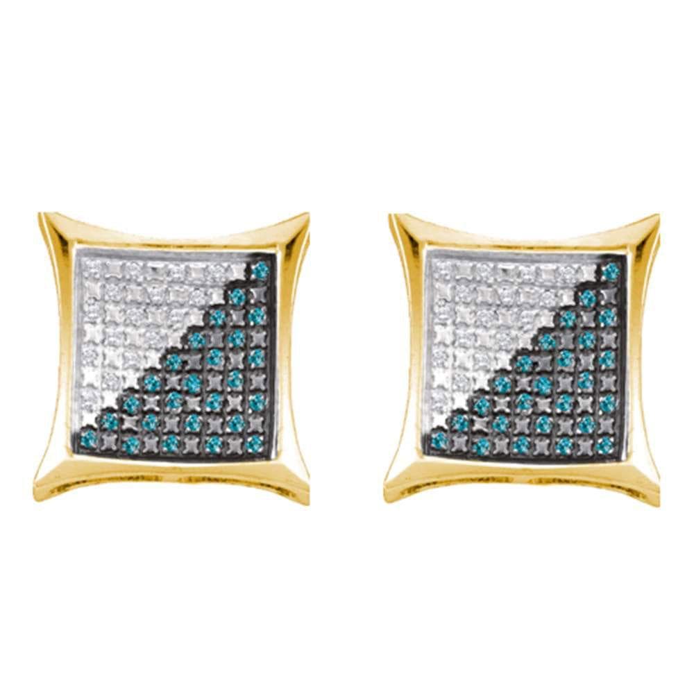 Sterling Silver Mens Round Blue Color Enhanced Diamond Square Kite Earrings 1/4 Cttw