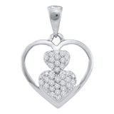 10kt White Gold Womens Round Diamond Nested Heart Cluster Pendant 1/6 Cttw