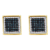 10kt Yellow Gold Mens Round Blue Color Enhanced Diamond Square Cluster Earrings 1/3 Cttw