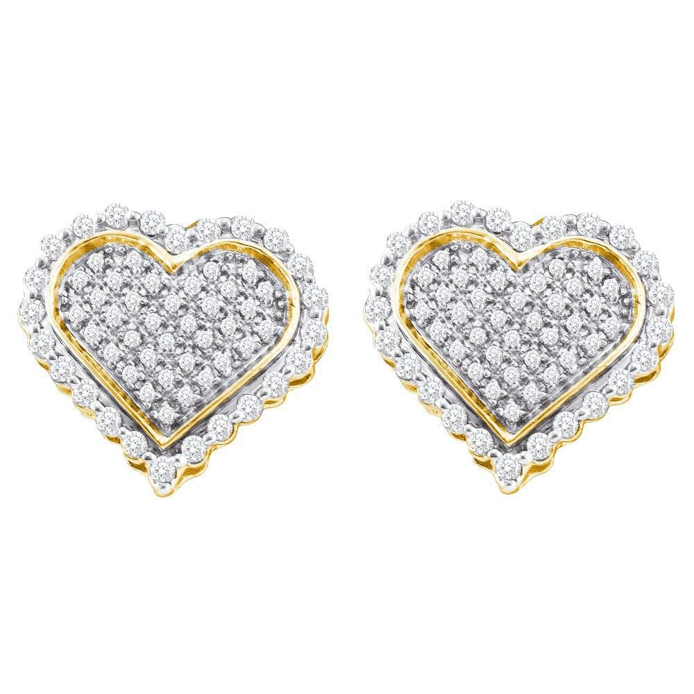 10kt Yellow Gold Mens Round Diamond Heart Cluster Stud Earrings 1/2 Cttw