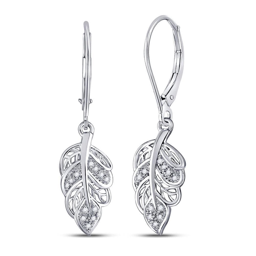 10kt White Gold Womens Round Diamond Dangle Leaf Leaves Wire Earrings 1/20 Cttw