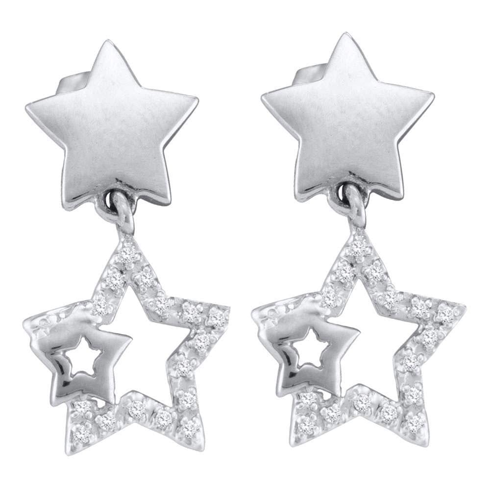 10kt White Gold Womens Round Diamond Star Dangle Earrings 1/10 Cttw