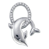10kt White Gold Womens Round Diamond Leaping Dolphin Oval Pendant 1/12 Cttw