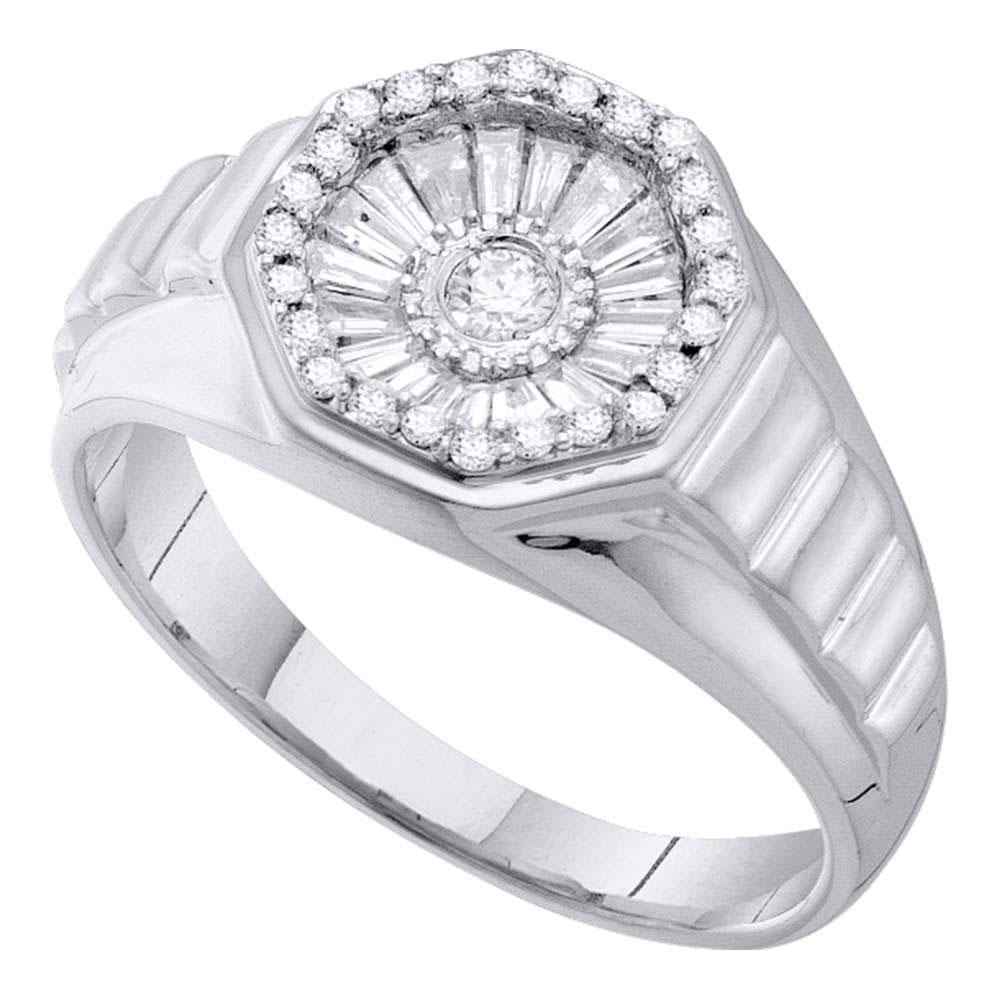 14kt White Gold Mens Round Diamond Concave Cluster Ribbed Ring 1/2 Cttw