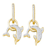 10kt Yellow Gold Womens Round Diamond Dolphin Dangle Earrings 1/3 Cttw