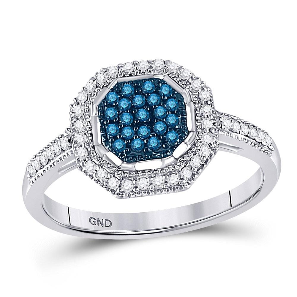 10kt White Gold Womens Round Blue Color Enhanced Diamond Octagon Cluster Ring 1/4 Cttw